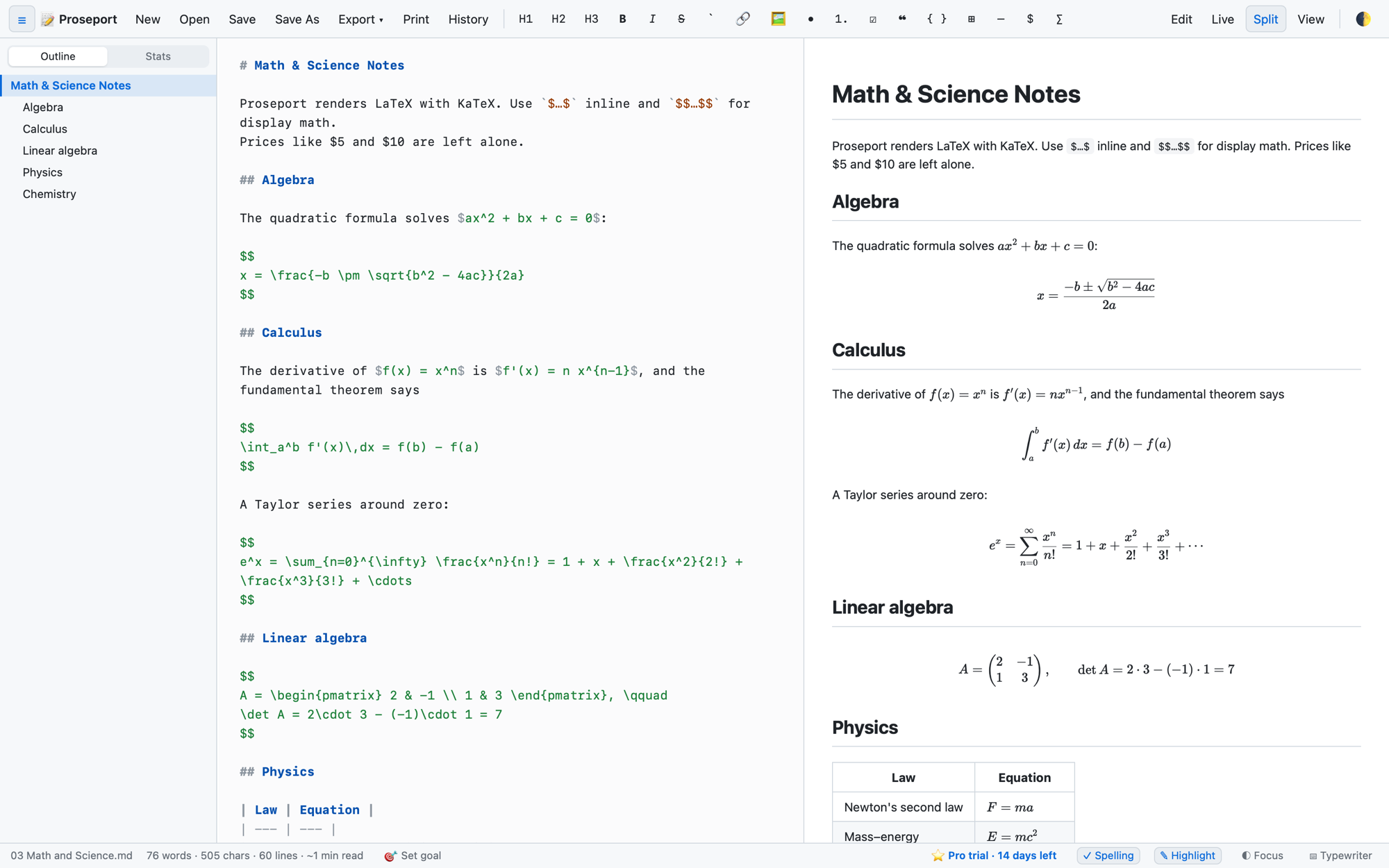 Proseport split view with Markdown source and rendered preview